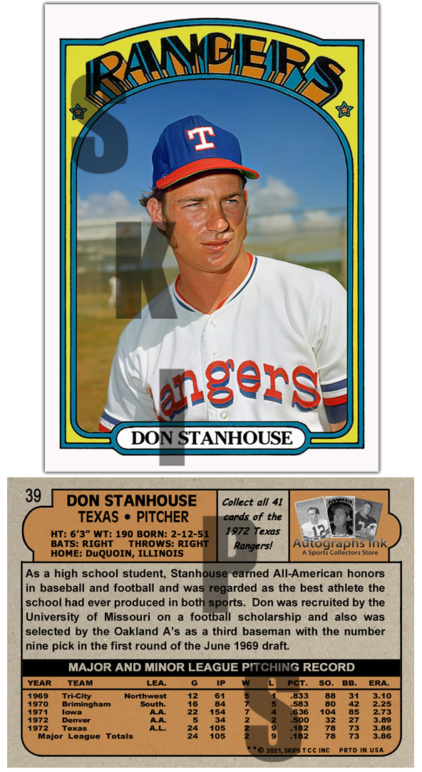 1972 STCC Autographs Ink Texas Rangers #39 Don Stanhouse
